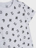 Gray t-shirt with black letter pattern on a white background