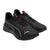 Black running shoes with red accents on a white background