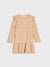 Beige striped dress with ruffled sleeves on a light gray background
