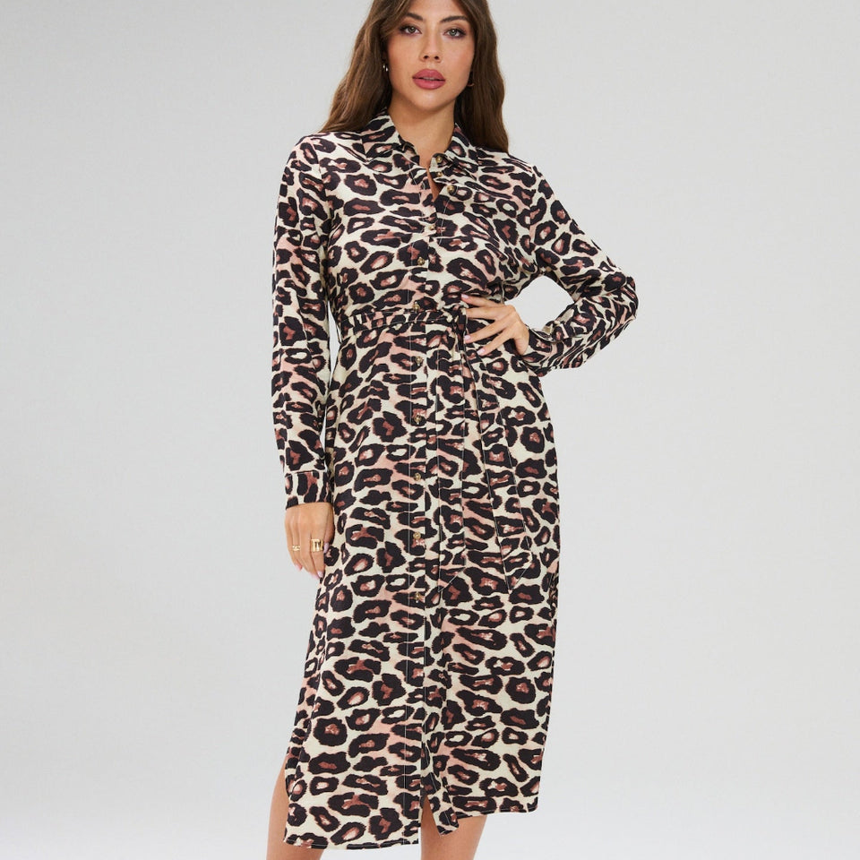 Sinsay Women's Brown Long Sleeve Leopard Printed Dress