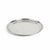 Round metal tray with textured surface on a wooden floor