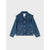 A blue denim jacket for girls, featuring ruffle details across the chest and shoulders, buttoned front, and front patch pockets, shown flat on a light gray background.
