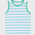 A sleeveless white tank top with horizontal green stripes and green trim on the collar and armholes, shown flat against a light gray background.
