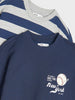 Two sweatshirts, one blue with a graphic and text, the other gray and blue striped, on a white background.