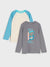 Two long-sleeve shirts, one blue and white, one gray with a graphic design, on a light gray background.