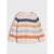 A children's knit sweater with horizontal stripes in cream, navy, tan, light blue, orange, and off-white, displayed flat against a light gray background.
