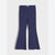 A pair of navy blue cropped flare pants with a raw, frayed hem, displayed flat against a light gray background.