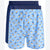 Two pairs of men's boxer briefs shown front and back on a white background. The front pair is light blue with an allover pattern of beer glasses outlined in blue and filled with yellow, while the back pair is solid navy blue.