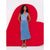 A woman modeling a light blue denim two-piece set consisting of a sleeveless button-front vest and a matching midi skirt, standing in front of a large red heart-shaped backdrop on a white background.