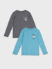 Two long-sleeve shirts, one gray and one blue, on a white background