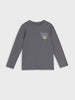 Gray long-sleeve shirt with colorful text on a light gray background