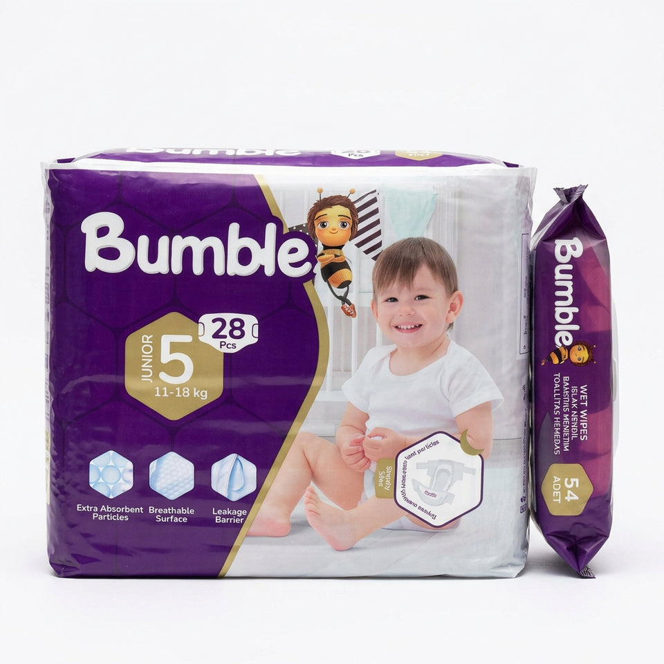 Bumble Baby Diapers 5 Junior 11-18 Kg 28 Pcs + Wet Wipes