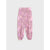 Pink patterned jogger pants with a leopard print design, featuring an elastic waistband and tapered legs with gathered cuffs, shown flat on a light gray background.