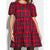 A red plaid puff-sleeve mini dress with a tiered skirt, shown on a model against a plain white background.