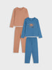 Children's pajama set with brown top and pants and blue long-sleeve shirt with graphic design on a white background.