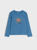 Blue long-sleeve shirt with 'Jacksonville, Florida' text and dinosaur graphic on a light gray background