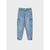 Light blue denim cargo pants for kids, featuring side cargo pockets and a tapered leg with elastic cuffs, shown flat on a light gray background.
