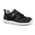 A black toddler sneaker with a hook-and-loop strap closure, black laces, a gray pull tab, and a white sole, shown on a white background.