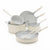 A 7-piece nonstick cookware set in a warm cream color with stainless steel interiors and light beige handles, shown on a clean white background.