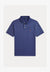 Blue polo shirt with a red logo on a white background