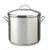 A large stainless steel stockpot with a matching lid, featuring two side handles, shown on a clean white background.