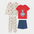 A children's pajama set laid out on a light gray background, including a long-sleeve cream pajama top and matching pajama pants with a colorful space-themed print, a red short-sleeve pajama T-shirt with an astronaut graphic and the words 'EXPLORE THE UNIVERSE,' and navy blue shorts.