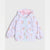 A children's hooded zip-up jacket in a very pale lavender or icy blue base, covered in a repeating print of teddy bears wearing pink umbrellas and small pink flowers. The hood lining and inner collar are light pink.