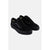 A pair of black slip-on mesh sneakers with black soles, shown from a three-quarters angle on a plain white background.