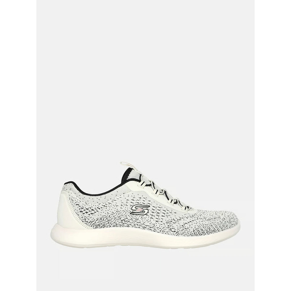 A Skechers sneaker in white and black speckled knit material, shown from a side profile against a light gray background.