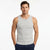 A man modeling a gray and white horizontally striped ribbed tank top against a plain white background.