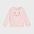 A light pink long-sleeve crewneck sweatshirt for a child, featuring a cute cartoon cat face graphic on the front with a pink bow, black ears, and whiskers.