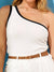 White one-shoulder top with black trim and a brown belt against a blue background