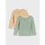 Two children's long-sleeve henley shirts shown on a light gray background. The back shirt is beige with a dinosaur line-art print, and the front shirt is green and beige striped with three buttons.