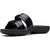 A single black slide sandal with two wide straps, one featuring a glossy textured pattern, set against a plain white background.