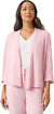 Woman wearing a pink suit with a white top on a white background