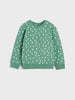 Green sweatshirt with white polka dots on a light gray background