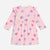 A pink long-sleeve baby dress with a ruffled neckline and a scattered heart pattern in pink, purple, and blue, shown against a plain light background.