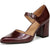 A single women's Mary Jane pump shoe in a deep burgundy color with a glossy patent finish on the toe and strap, and a textured block heel. It features a pointed toe and a buckle strap across the instep, shown against a plain white background.