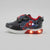 A children's light-up sneaker featuring Spider-Man graphics on a gray and black mesh base with red accents, shown in a side profile against a light gray background.