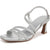 A single women's heeled sandal in metallic silver with textured straps, an ankle strap, and a low block heel, shown on a plain white background.