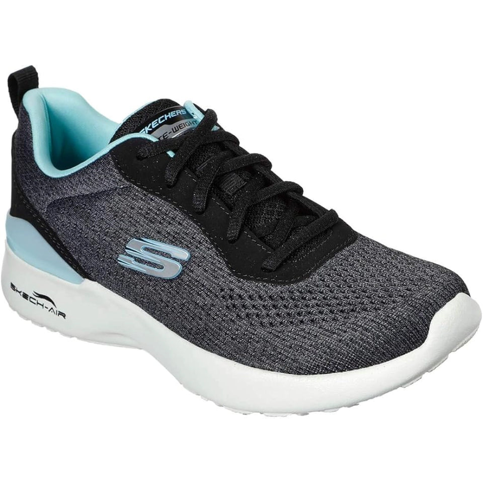 A Skechers sneaker in dark gray and black with light blue accents on the collar lining, side logo, and heel, featuring a white sole.