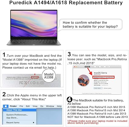 Puredick A1494 A1618 Battery for (Mid 2015, Mid 2014, Late 2013) MacBook Pro A1398 Battery Replacement AM06