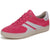 A pink suede sneaker with a white side stripe, matching pink laces, and a light beige sole, shown on a white background.