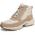 A mid-height lace-up sneaker boot in beige and off-white, featuring a side zipper, thick textured sole, and laces, shown on a white background.