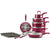 A 10-piece cookware set in a deep magenta color, featuring nested pots and pans with matching lids, a frying pan, a rectangular baking sheet, a spatula, and a whisk, all displayed on a clean white background.