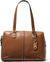 Brown leather handbag with gold accents on a white background