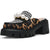 A single platform mule shoe with a black and gold leopard print upper, a black and white houndstooth strap, and large white faux pearls on the strap, set against a plain white background.