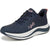 A navy blue athletic sneaker with a textured knit upper, navy laces, a thick white midsole with navy detailing, and a pink 'rykó' logo on the side.