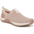 A slip-on knit sneaker in a light taupe-beige color with a textured knit upper, cream midsole, and a matching beige outsole, shown from a three-quarters angle on a white background.