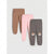 Three pairs of children's jogger pants in brown, pink, and dark gray, arranged overlapping on a light gray background. The dark gray pair features two embroidered fox faces on the lower legs.